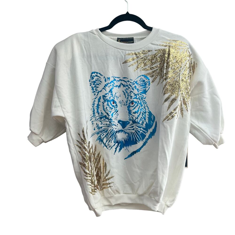 Vintage 90's Tiger Glitter 100% Acrylic Top White Gold Blue NWT-One Size